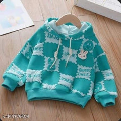 Woolen Printed Hoodie for Girls (Turquoise, 0-1 Years)
